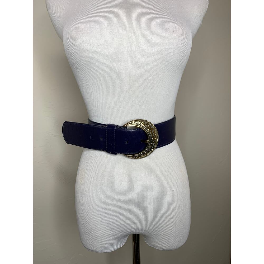 Vintage Navy Blue Leather Belt Embossed Large Brass Buckle Sz Large